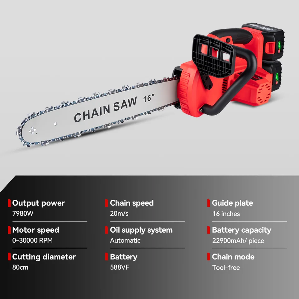 Motosega A Batteria 16 Pollici Con 2 Batterie 4.0Ah – Motore Brushless 2200W, Doppio Sistema Di Sicurezza, Lubrificazione Automatica E Display LCD