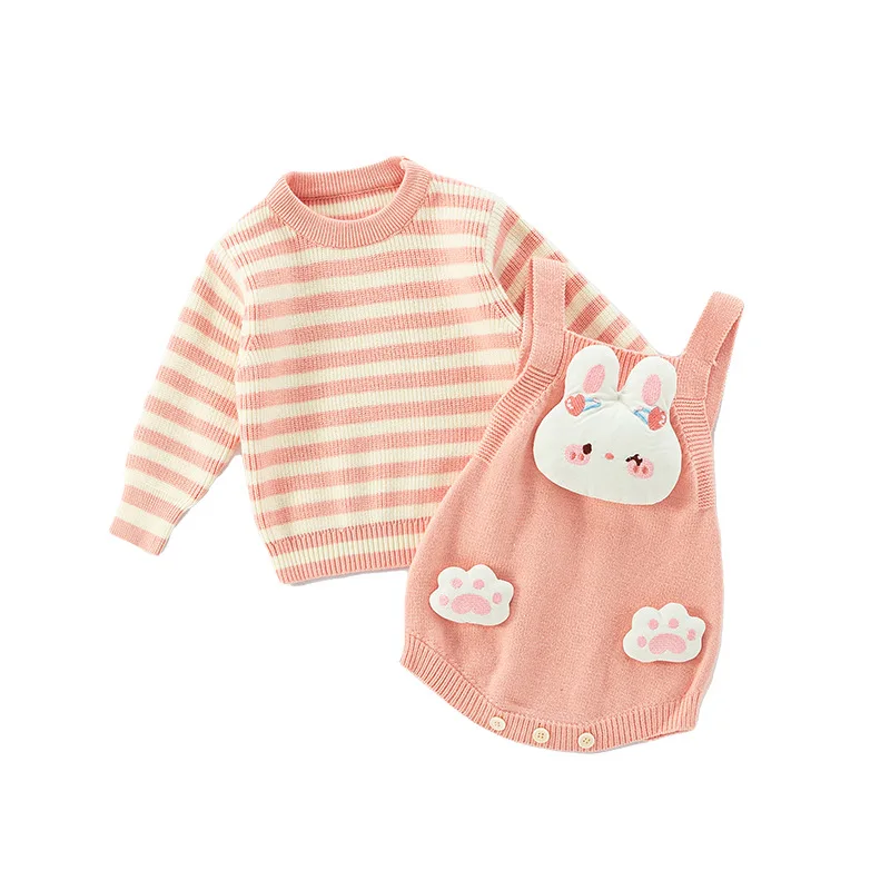 Autumn Baby Girl 2PCS Clothes Set Striped Pit Striped Elastic Hem Sweater Cartoon Rabbit Knitted Romper Suit Infant Girl Outfits