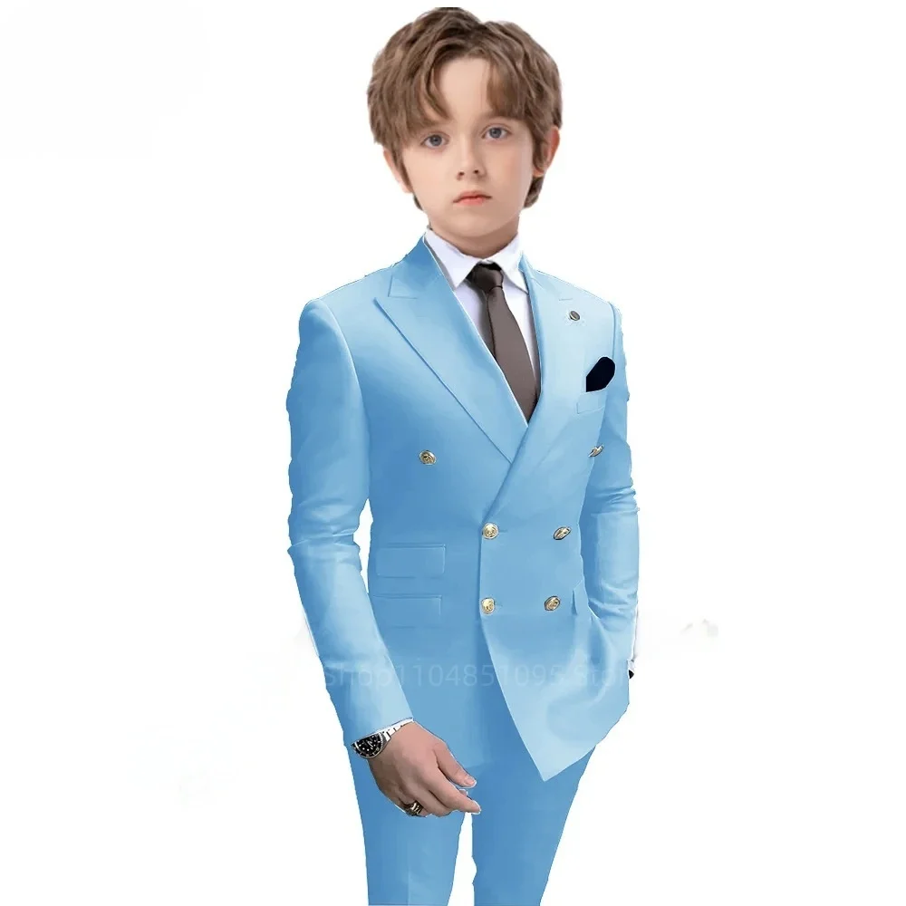 

Blue Boys Suits 2 Pieces Wedding Formal Party Tuxedo Child Peak Lapel Double Breasted Blazer Pants Slim Fit Kids Dress Sets