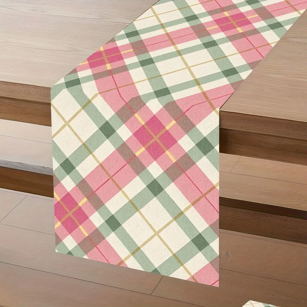 1 Piece of Pink and Green Diamond-Patterned Table Runner, Suitable for Farmhouse, Indoor, Kitchen, Celebrations, Table Decoration, Restaurant and Banquet Decoration Supplies