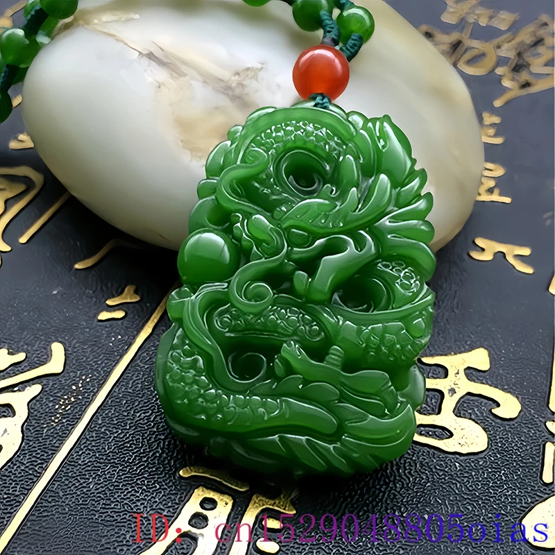 Fashion Natural Green Jade Dragon Pendant Beads Necklace Hand-Carved Chinese Charm Jadeite Jewelry Gifts for Men Women