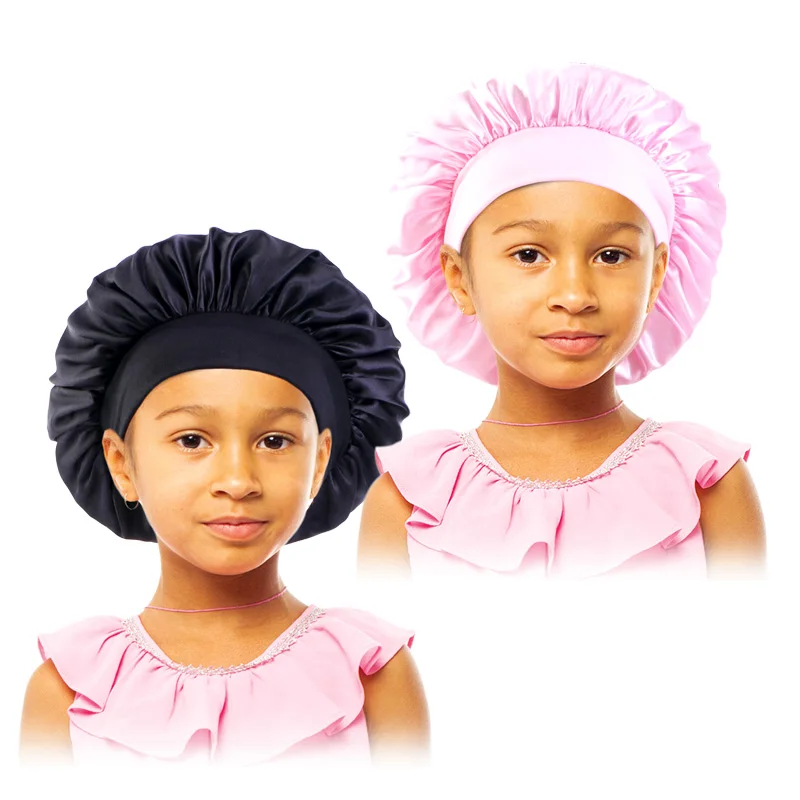 2PCS/LOT Kids Girls Boys Satin Night Sleep Cap Wide Band Elastic Turban Headwear Bonnet Hair Care Beanie Nightcap Scarf Bandana