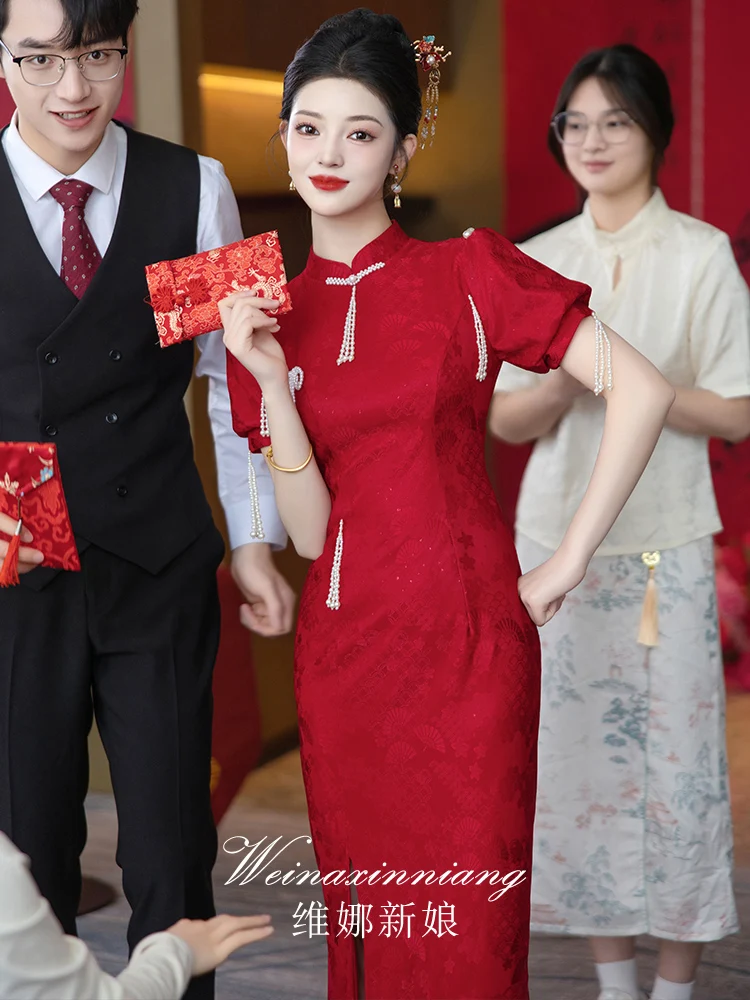 

Bride's Dr Red White Evening Gown Wedding Ceremony ort Sve Long Dr Slim Fit for Engagement Par Perform...