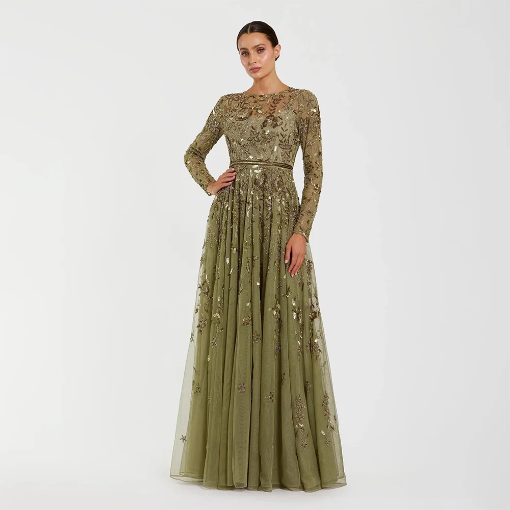 Fashion Floral Print Tulle A-line Floor Length Evening Dresses Customized O-neck Full Sleeves Back Zipper Prom Gown Party Dress image 2