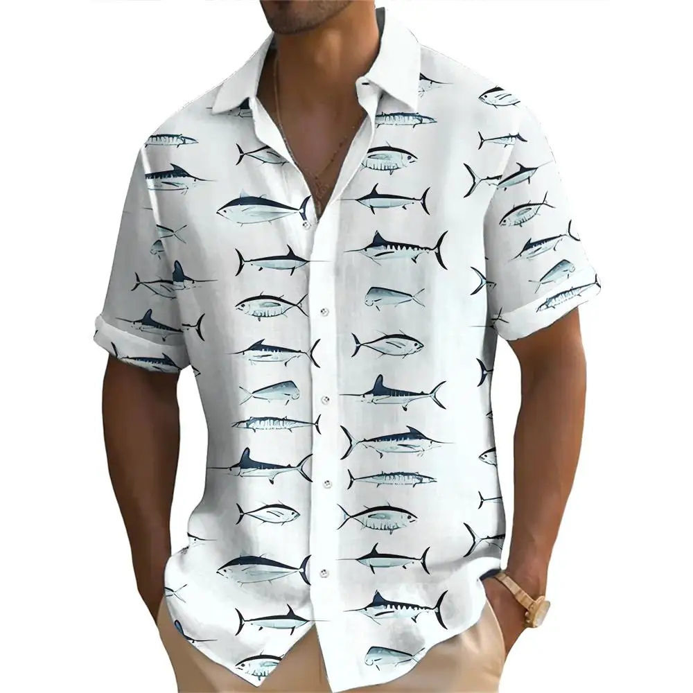 Summer Fashion Ocean Fish Print Men\'s Short Sleeve Casual Printed Tops Seaside Vacation Travel Wear Oversized Tops