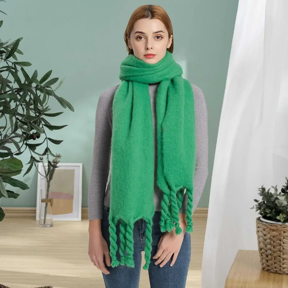 Women Winter Scarf Thick Warm Scarf with Tassels Versatile Solid Color Pashmina for Outdoor Cycling Daily Use Blanket Foulard