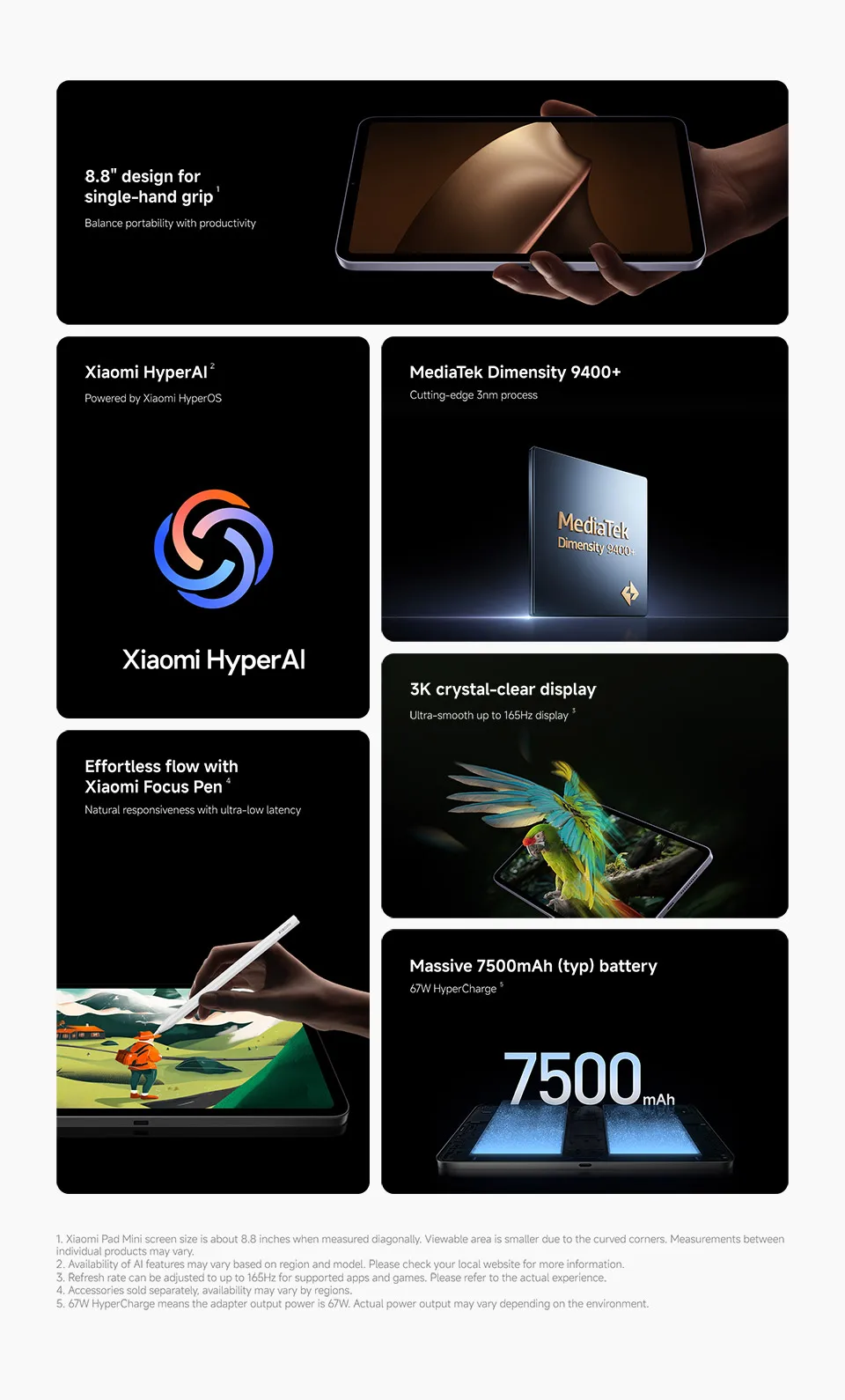 Global Version Xiaomi Pad Mini 8.8' 3K Ultra-clear Display 8GB/12GB RAM 7500mAh Battery 67W HyperCharge MediaTek Dimensity 9400+