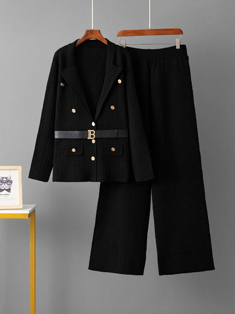 النساء مكتب مجموعات دعوى طوق سترة موضة 2 قطعة مجموعة الخريف الشتاء حزام ضيق الخصر سترة التخسيس محبوك بنطال ذو قصة أرجل واسعة