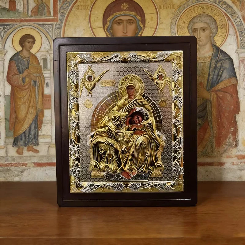 

Gold Plated Orthodox Catholic Virgin Mary Icon with Wooden Frame for Church Home Altar Prayer Devotion Christian Gift Decor