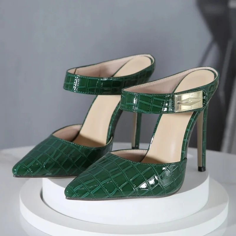 Fashion Stone Pattern Design Pointed Toe Women Pumps Metal Decoration Backless High Heels Luxury Party Dress Stiletto Sandals