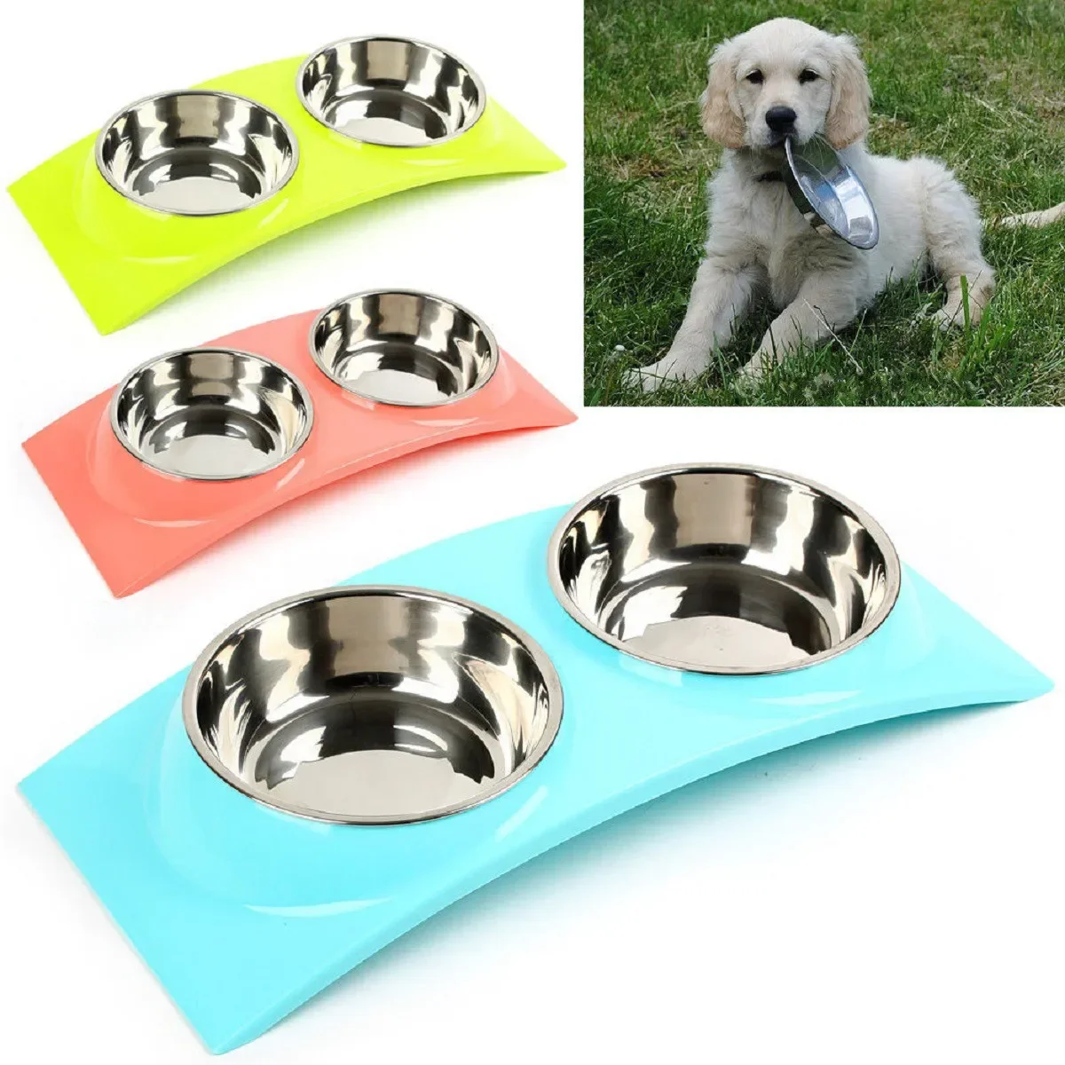 Stainless Steel Double Bowls Pet Dog Cat Puppy Food Water Feeder Feeding Dish