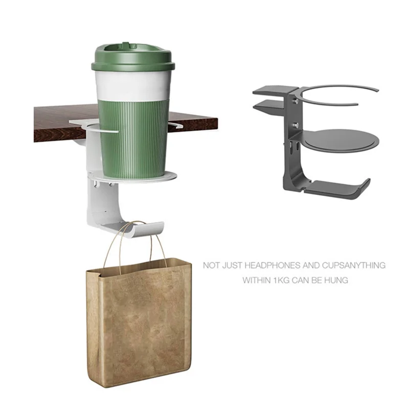 حامل أكواب بمشبك عملي للمكتب، حامل أكواب مضاد للانسكاب لطاولة المكتب، خطاف سماعة أذن مزدوج مع حامل مشروبات، فضي #4