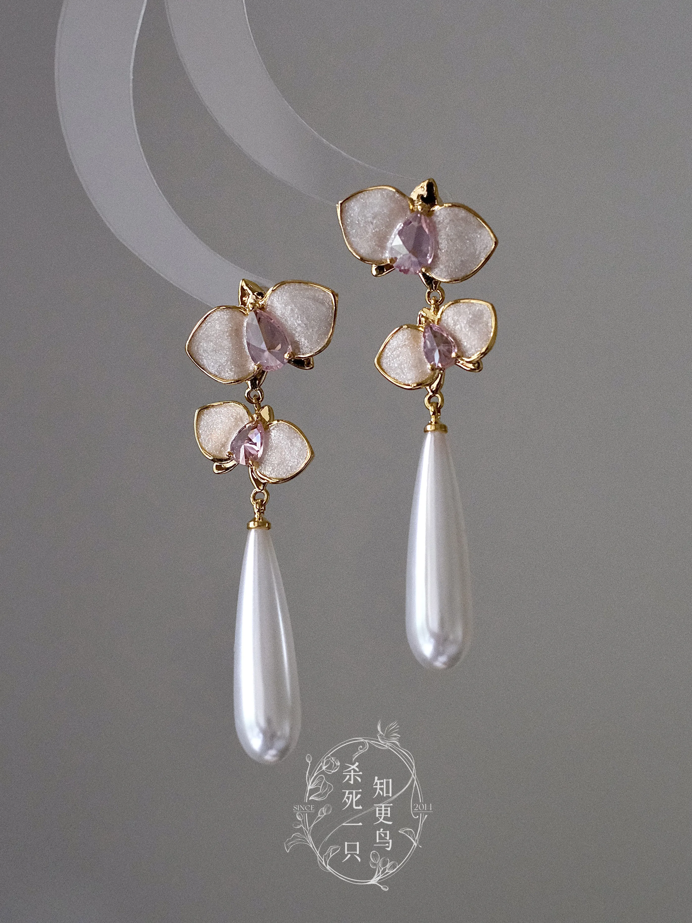 Chinese Style Hanfu Matching Phalaenopsis Enamel Mother Of Pearl Long Drop Earrings 14k Real Gold Plated 925 Silver Stud Clip On