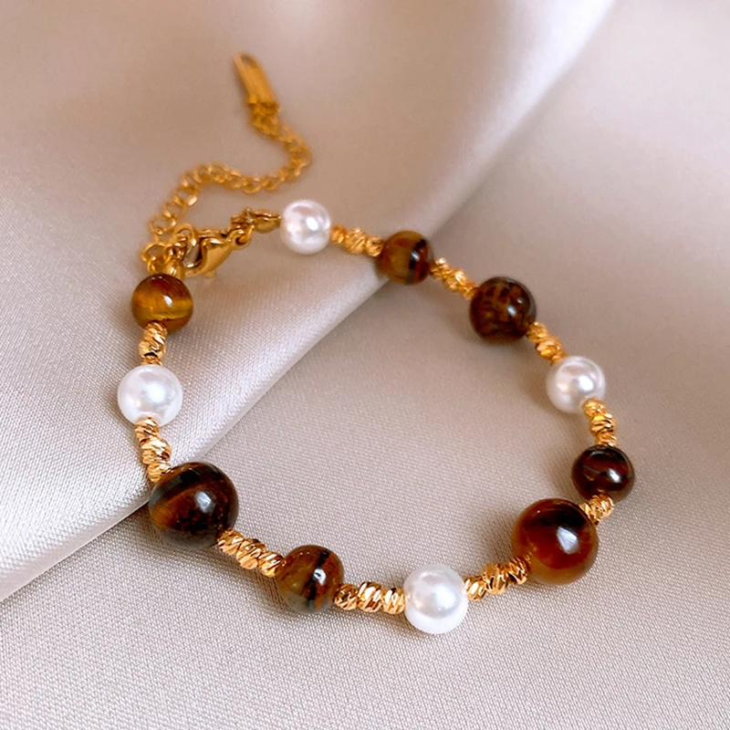 Stainless Steel Natural Tiger Eye Stone Bracelet For women Pearl  Indian Style Necklaces and Bracelets Handmade Ethnic Jewel