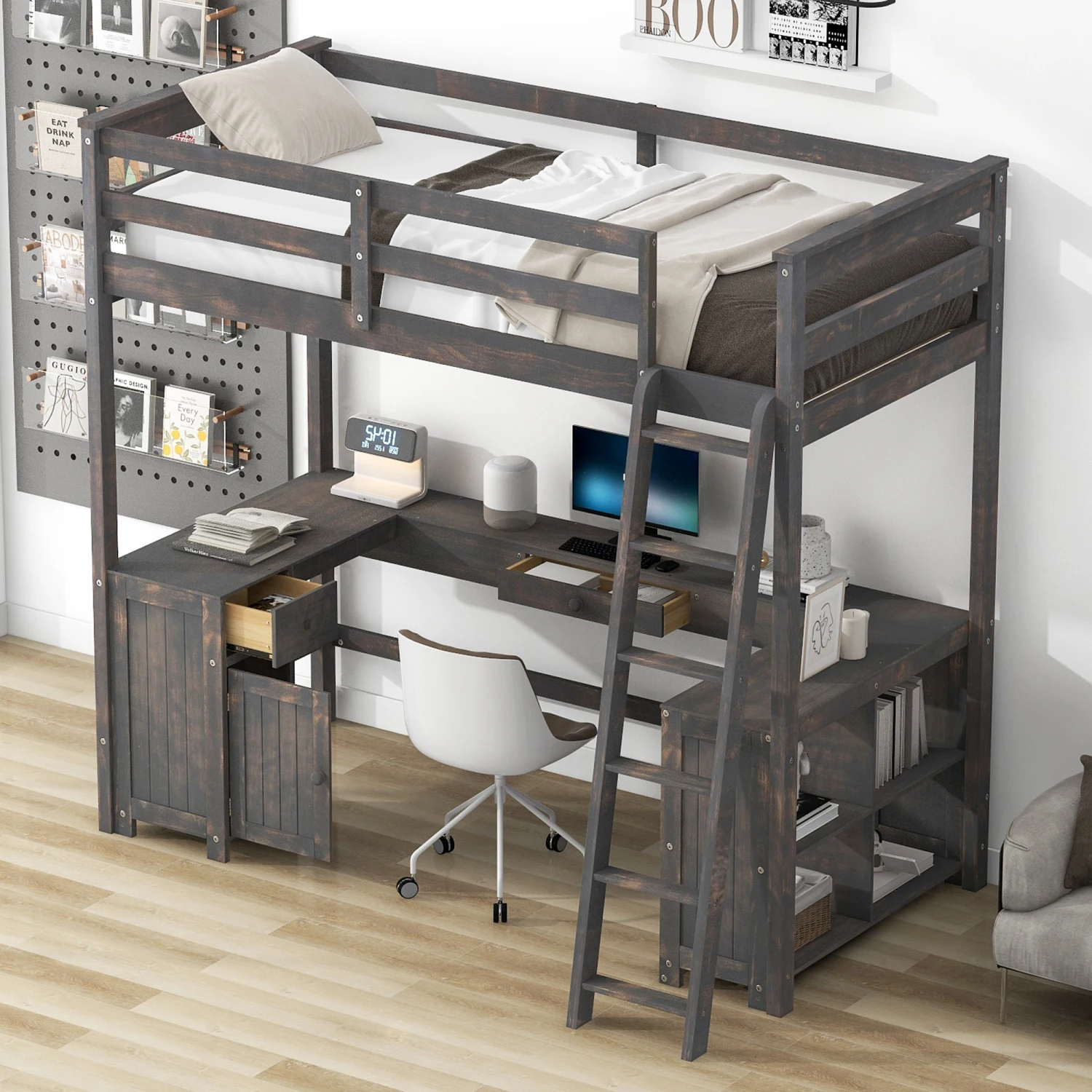 

Twin Size Loft Bed with U-Shaped Desk, Drawers, Storage Shelves - Antique Brown