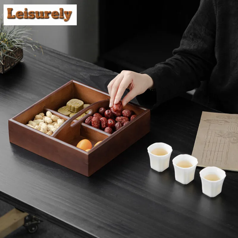 Four-grid Portable Walnut Dried Fruit Box for Cooking Tea Stove, Creative Snack Tray, Home Living Room Melon and Fruit Plate