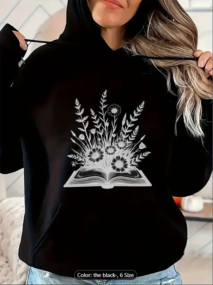 Womens Black Hoodie Book Floral Print Loose Fit Casual Pullover Adjustable Drawstring Hood Machine Washable Pure Cotton
