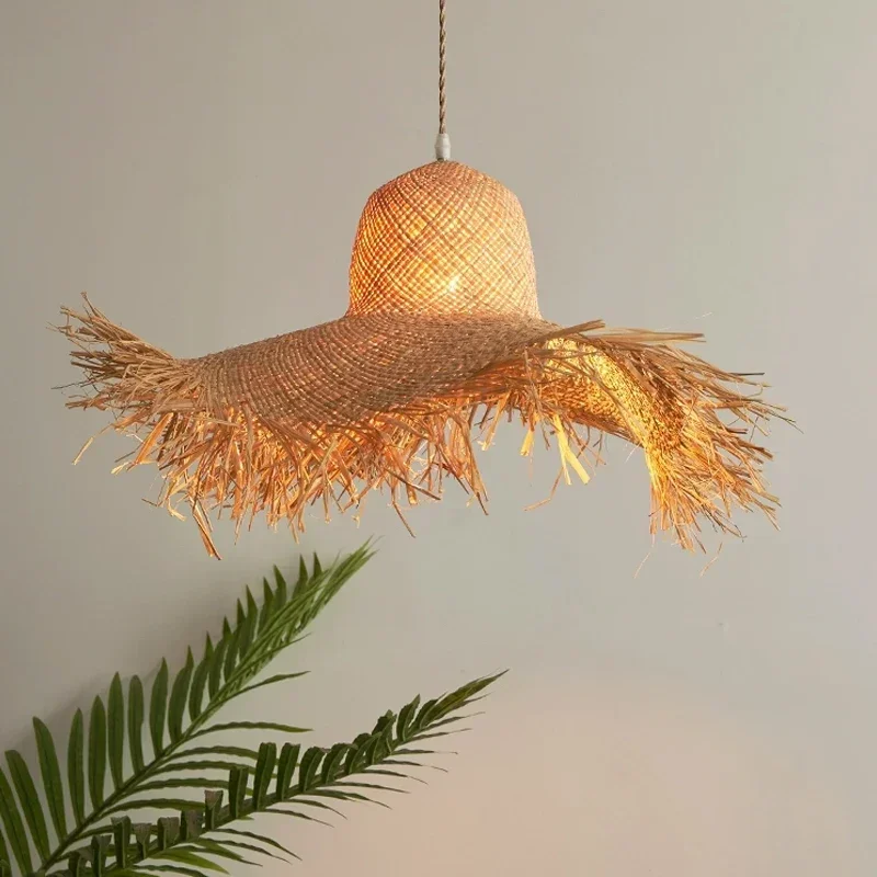 Nordic Wabi Sabi Pendant Lamp Handcrafted Straw Hat Hanging Changdelier Light Fixture for Restaurant Bar Bedroom Dining Room