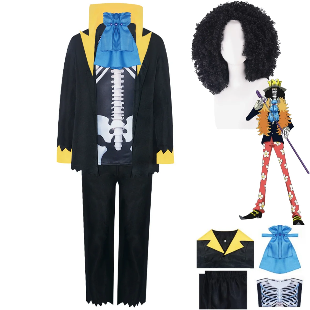 

Anime Burukku Cosplay Costume Brook Revive-Revive Fruit Wig Skull Printing Uniform Coat Man Halloween Masquerade Ball Suit