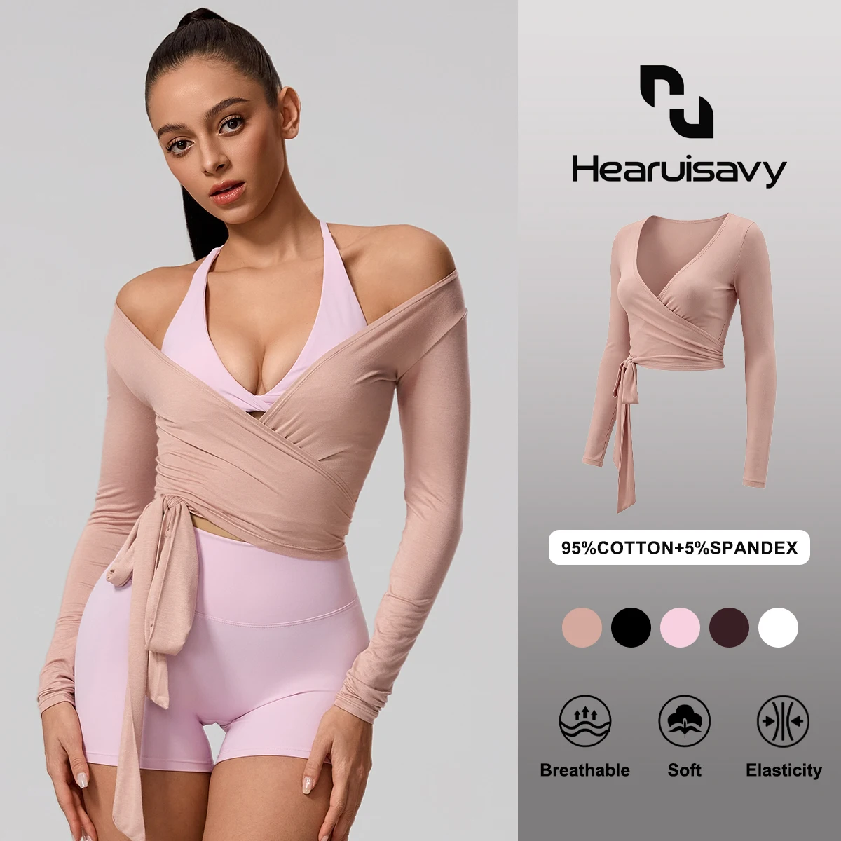 Hearuisavy Sommer Damen Langarm Yoga-Shirt Fitness Sportbekleidung Lässiges Atmungsaktives Schnelltrocknendes Sport-Oberteil Pilates Ballett Wickel-Tops