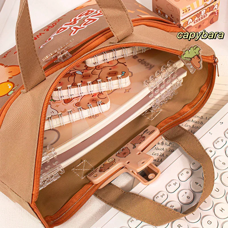 

Canvas Capybara Students Tutorial Bag Large-capacity With Zipper Tote School Packet School Office Supplies File Bag Student