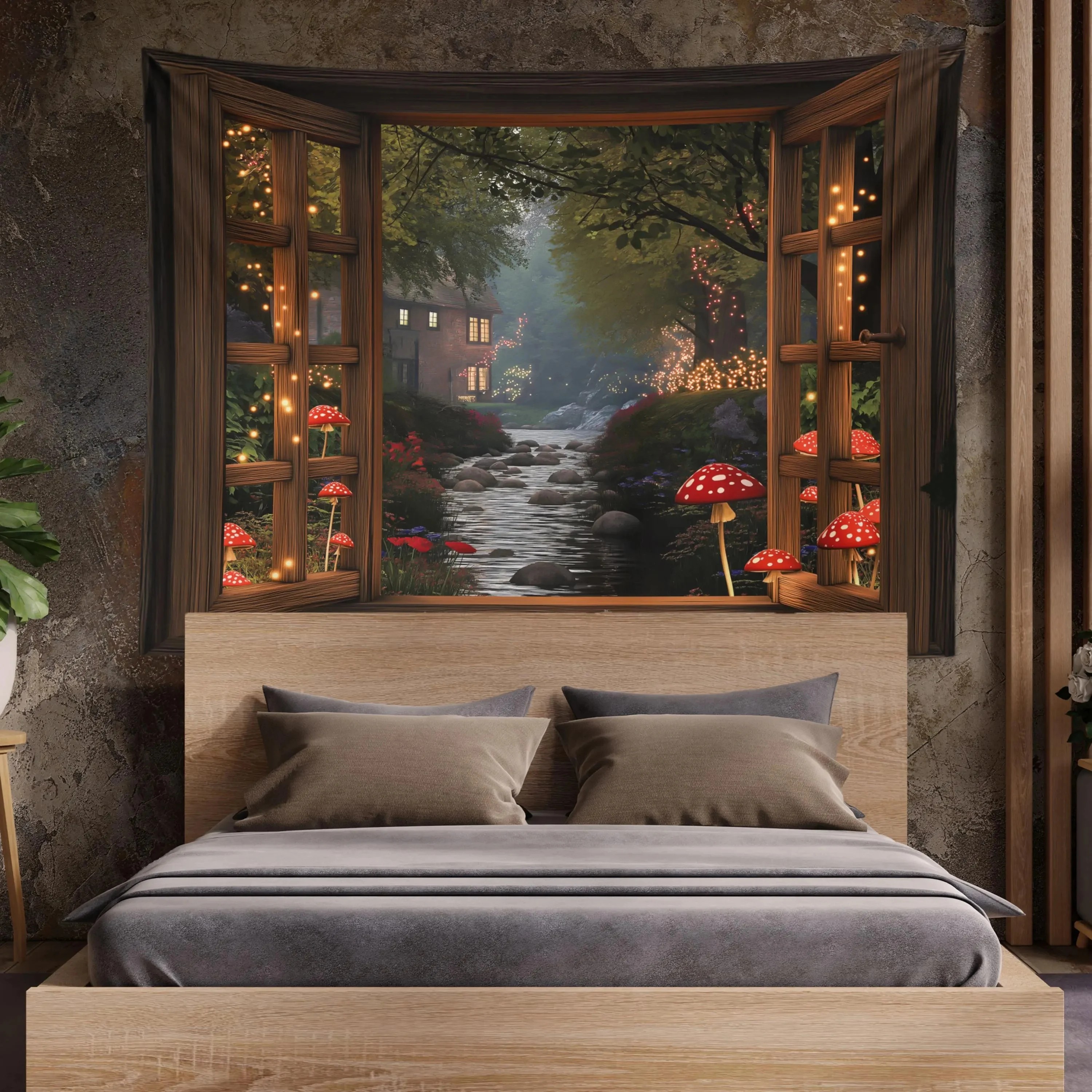 VIKAMA Wooden Window Fairy Tale Cottage Tapestry Dreamy Forest Stream Background Cloth Children's Room Forest Decoration