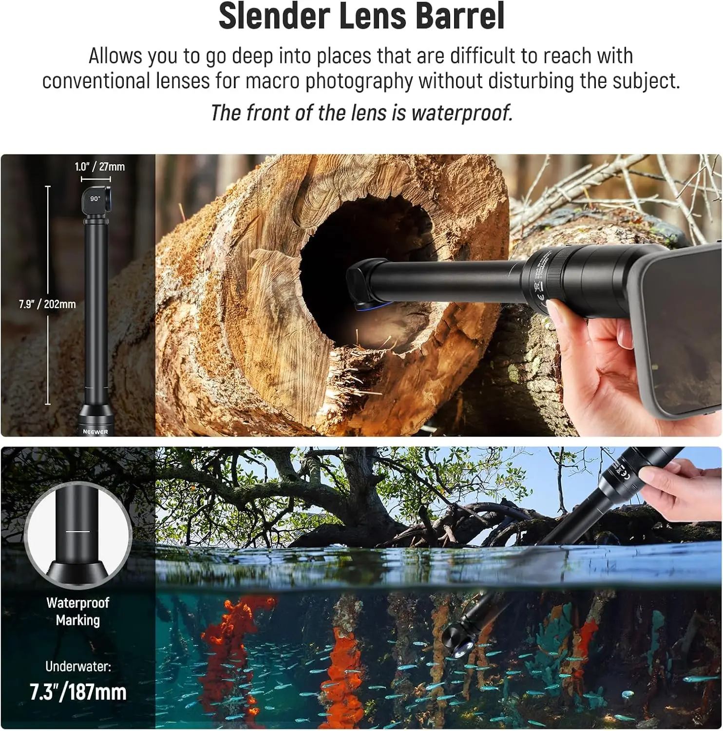 NEEWER 90 18mm 2X Macro Probe Lens with 17mm Thread for Mobile Video Recording, Compatible with iPhone Samsung