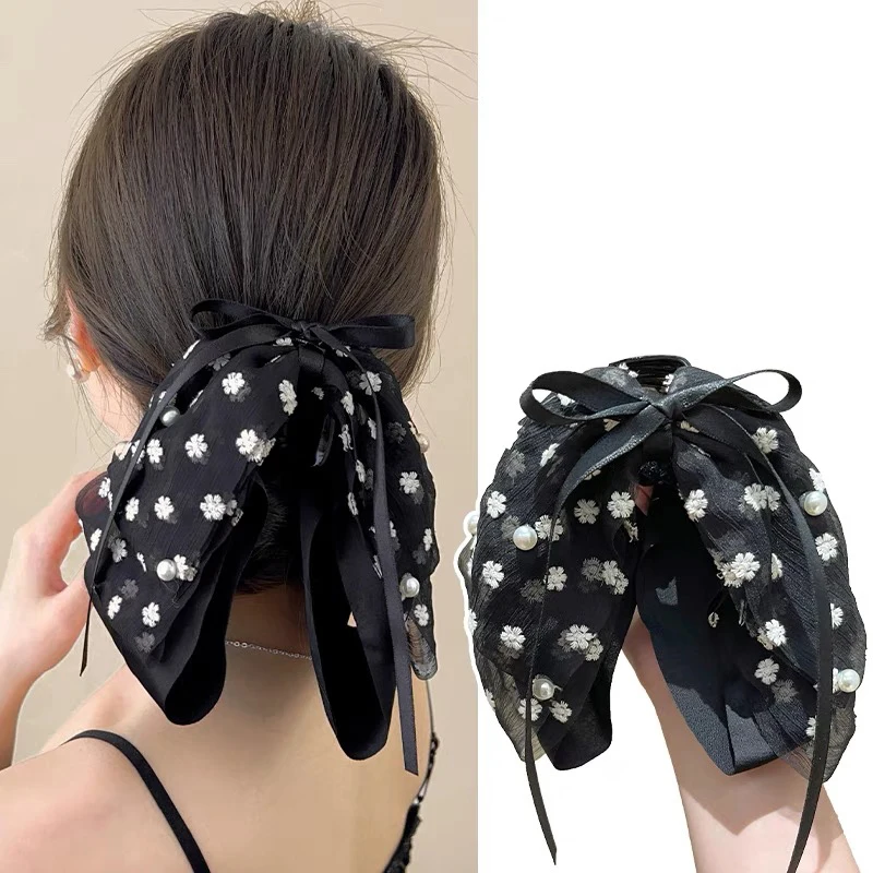 Pearl Print Big Bow Ribbon Hairpin Hair Claw Female French Back Head Flower Hairpin Chiffon Hair Clamp Women Hair Accessories