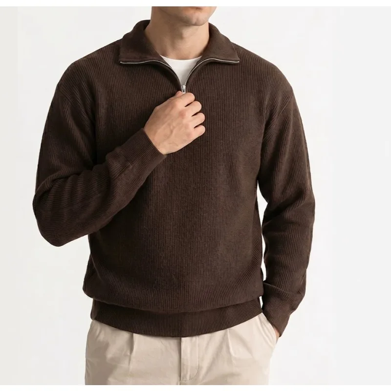 2026 Autumn and Winter Half Zipper Stand-up Collar Men's Knitted Long-sleeved Sweater Retro Style Casual Pullover Top Men