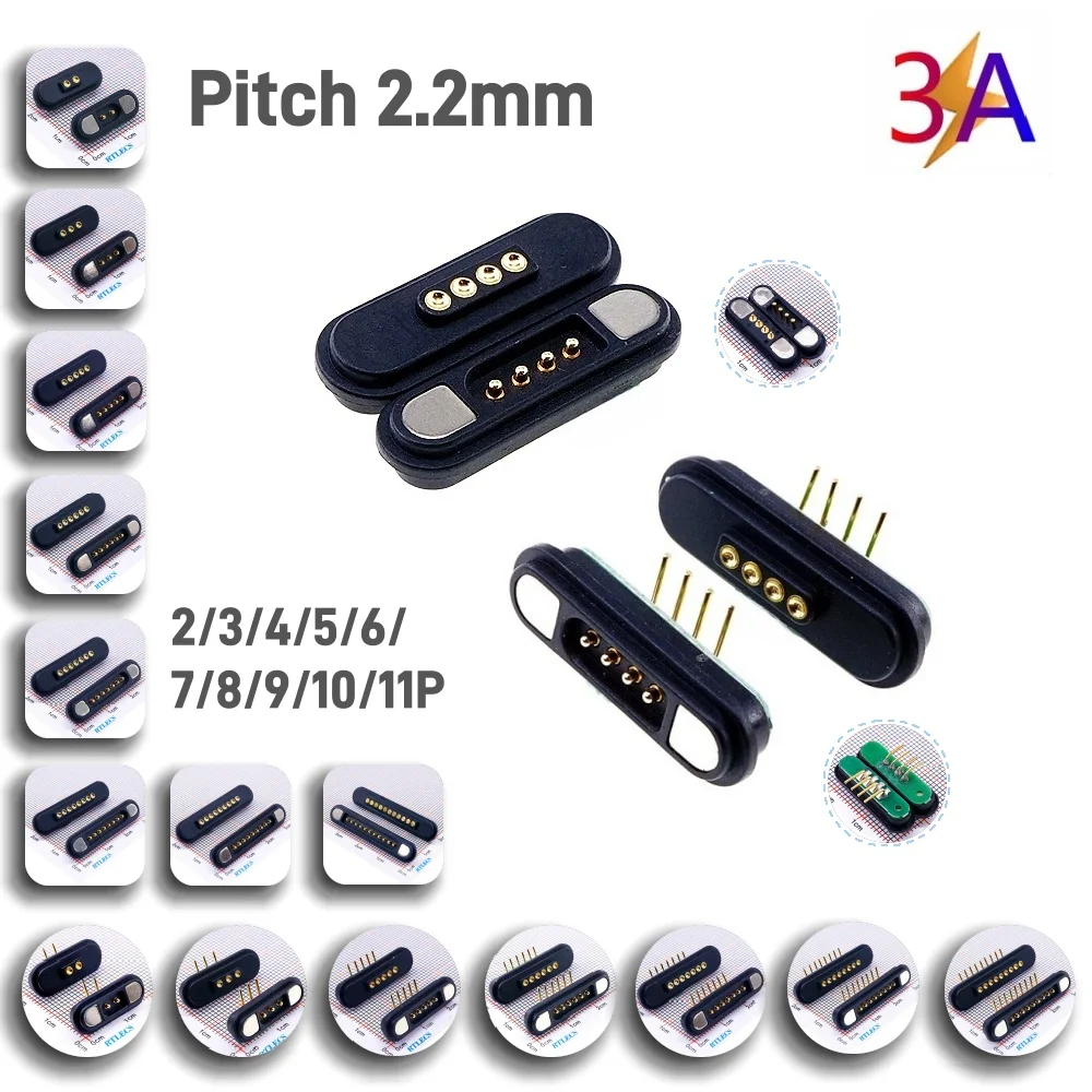 2 5 20 Pair 3A Magnetic Pogo Pin Connector 2 3 4 5 6 7 8 9 11 Positions Pitch 2.2 2.8 MM Spring Loaded Male Female Contact Strip