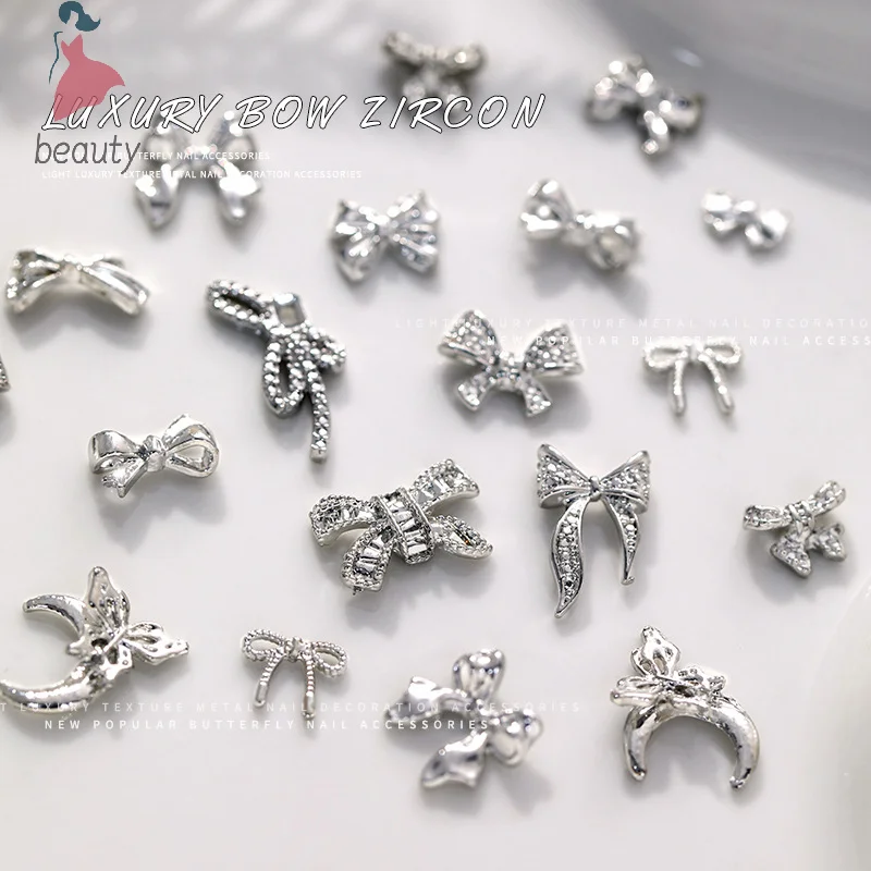 10 Stuks Zilver Legering Nail Art Strik Bedels Accessoires Onderdelen Voor Manicure Versieren Retro Nagels Decoratie Ontwerp Benodigdheden