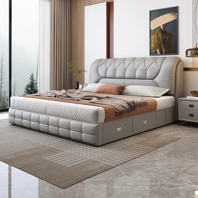 ^Customize Modern Italian Minimalism Gray Queen King Size Leather Upholstered Storage Platform Soft Box Spring Bed Frame Tufted - view 3