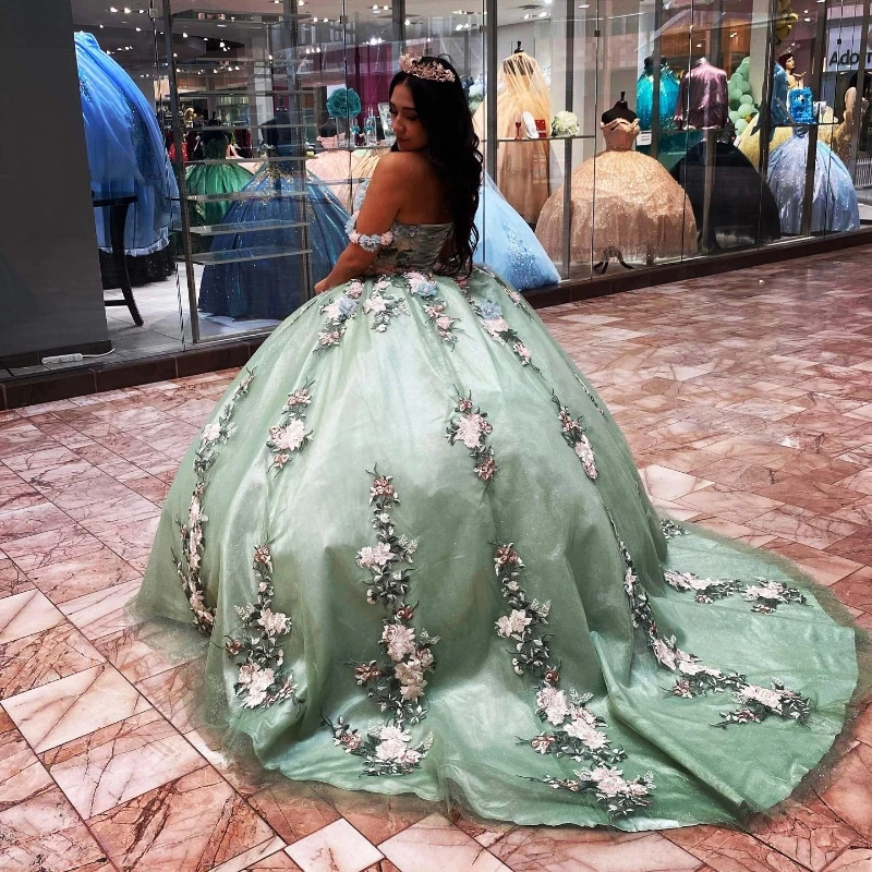 Personalizado méxico hortelã brilhante quinceanera vestido fora do ombro vestido de baile para menina 3d flores doce 16 vestidos para xv anos yqd334