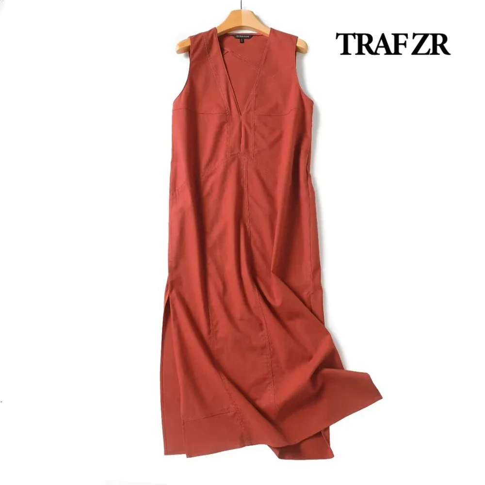 TRAF ZR-Robe de Soirée Mi-Longue Vintage avec Décolmétrage en V, Tenue Élégante, Chic, Couture Asymétrique, Droite, Fente Latérale