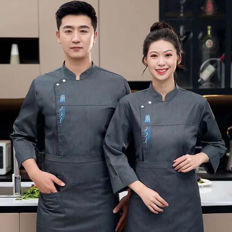 Grey long Sleeve chef uniform Cook Coat Chef Jacket Chef T-shirt Baker Work Uniform Waiter Restaurant Hotel Clothes women Logo