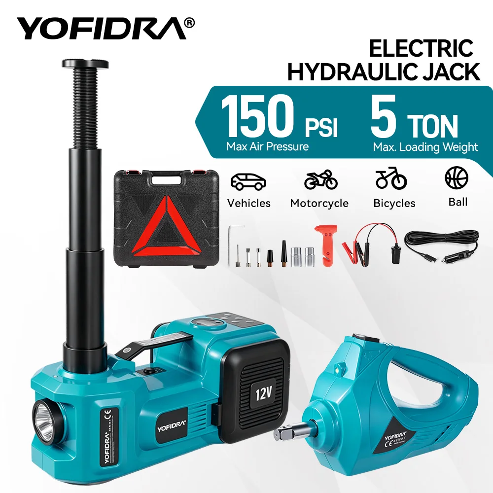 YOFIDRA 5T Gato eléctrico para coche 12V, elevador hidráulico portátil con bomba de aire de 150 PSI para SUV, MPV, sedán, camión, cambio de neumáticos, reparación en garaje