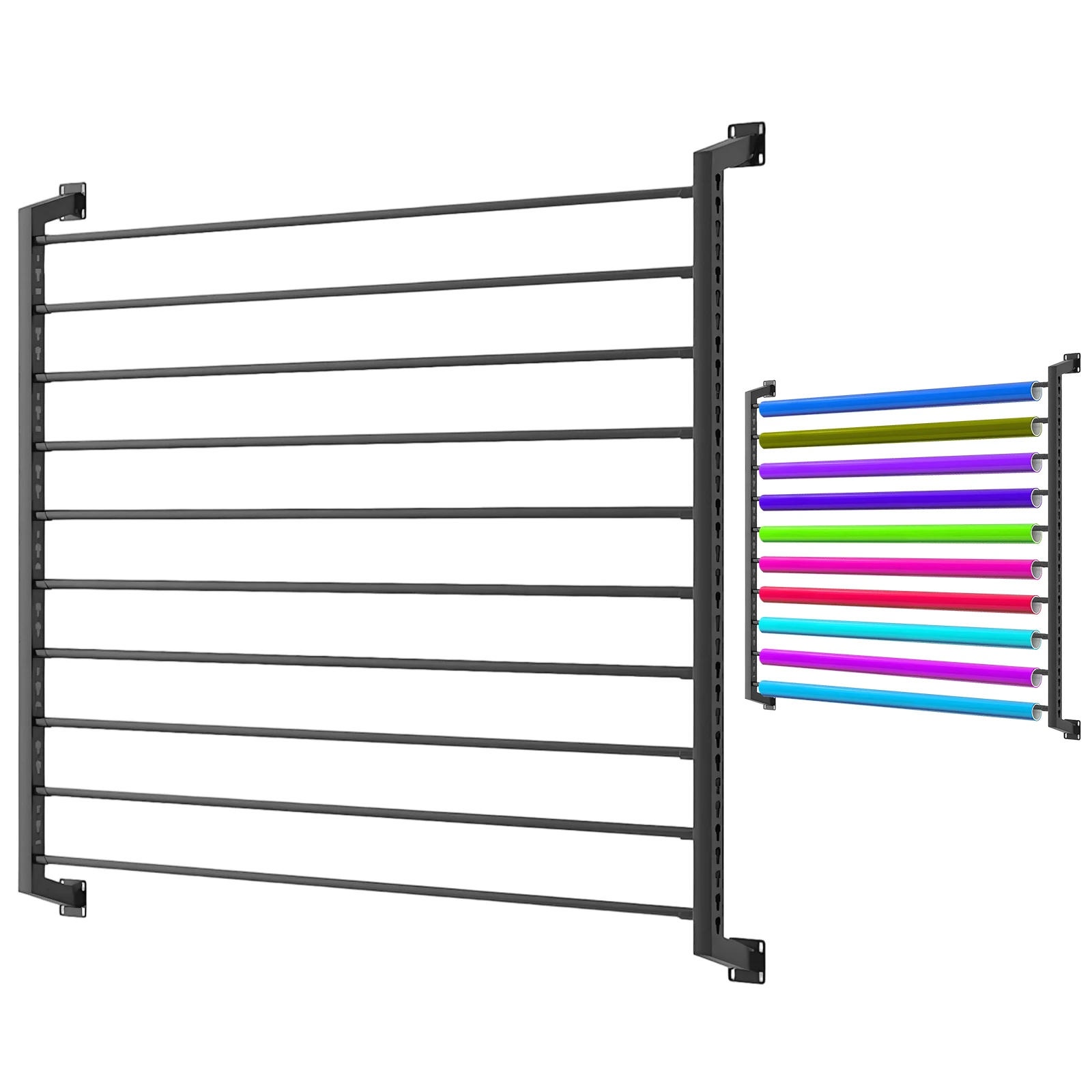 

10-Rolls Wall Mount Fabric Roll Storage Rack with Adjustable Hanging Rod Metal Car Vinyl Holder for Garage Workshop