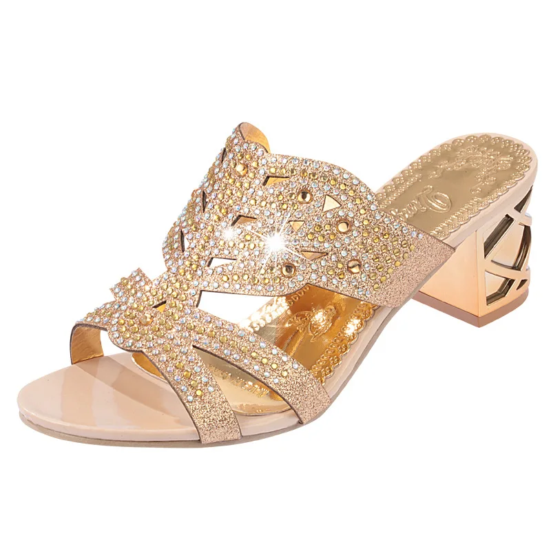 Shoes for Women 35-41 Summer Elegant Bohemia Rhinestone Sandals for Women Thick High Heels Sandals Slip on Beach Slippers