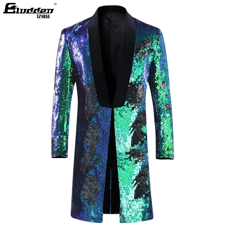 Male Fashion Shawl Lapel Double-sided Colorful Sequins Long Suit Jacket Blazer Men Stage Singer Costume Shiny trench coat jacket