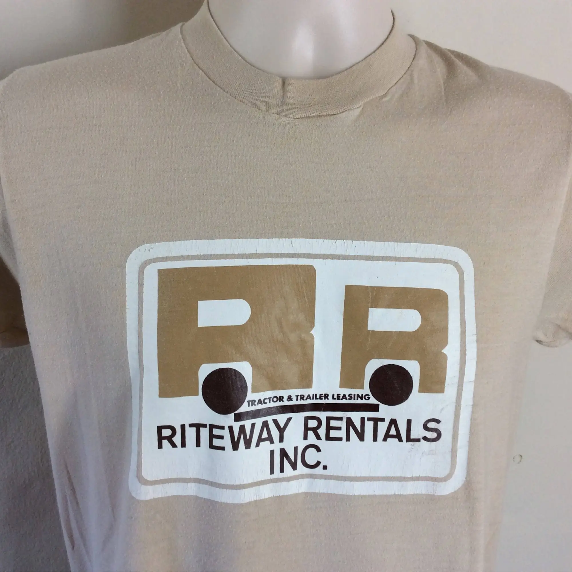 Vtg 70s Riteway Rentals TShirt Beige S 50/50 Tractor Trailer