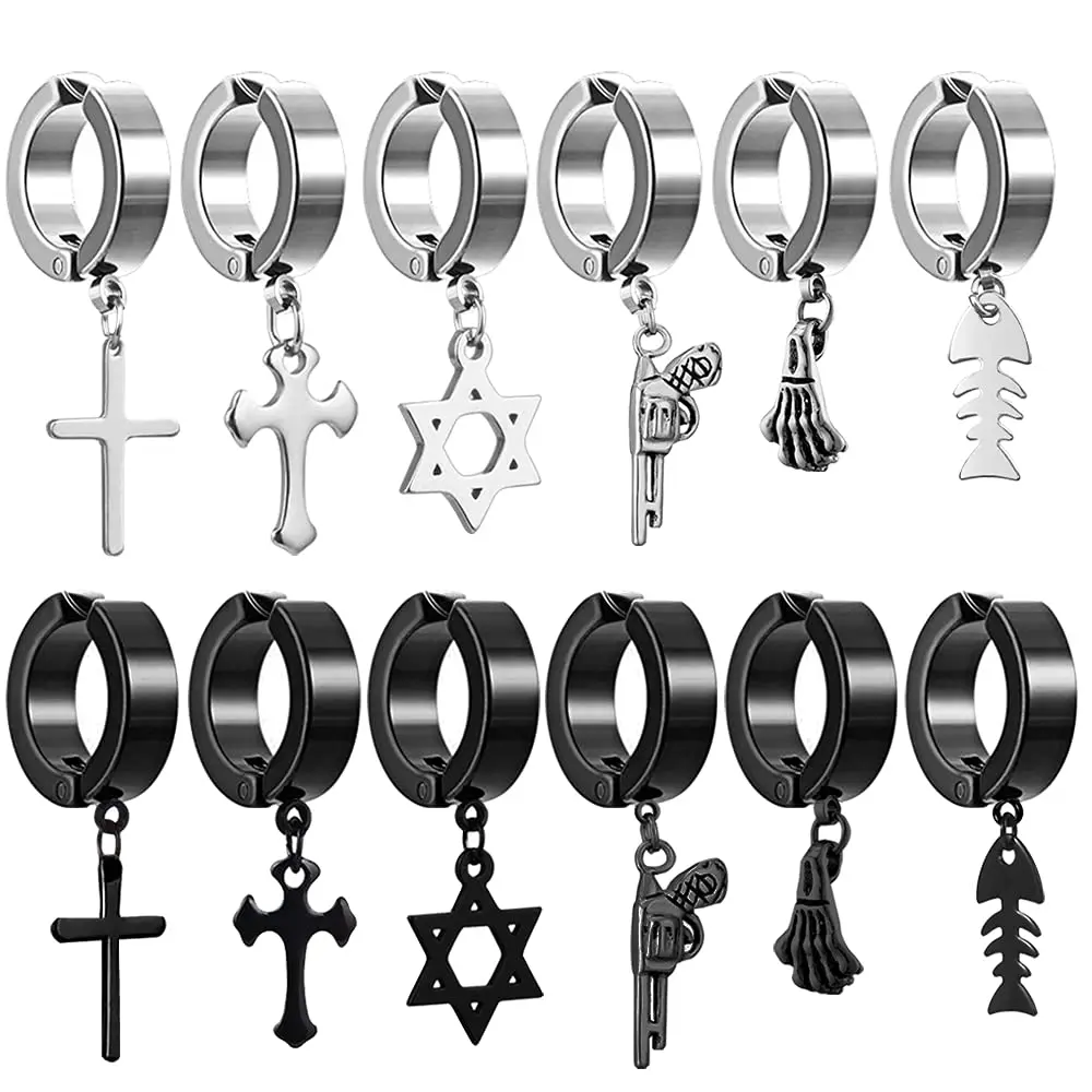 1/12 Pieces Stainless Steel Non Pierced Earrings Non-Piercing Cross Dangle Hoop Earrings for Men Women Clip on Dangle Earrings