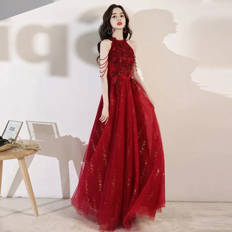 

Wedding Dress Bride 2023 New Wedding Wine Red Hanging Neck Sexy Annual Meeting Host Evening Dress High End Gauze Dress For Women