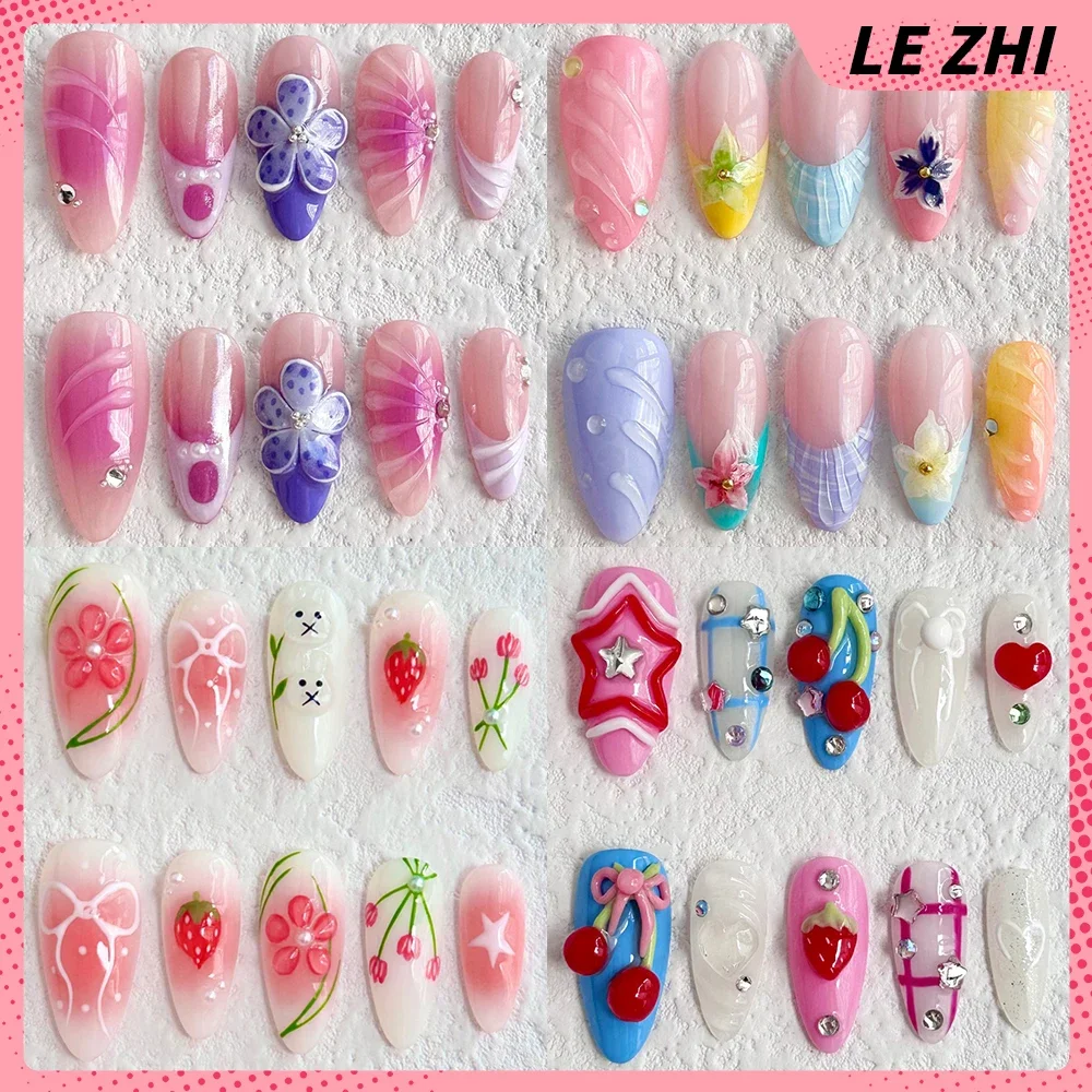 

10Pcs Colorful Spring Summer Style Almond Press On Nail 3D Flower Series Diamond Bowknot Cherry Artificial Wearable False Nail