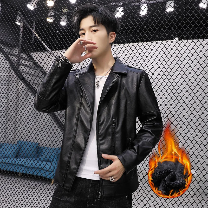 

Handsome Men's PU Leather Jacket Fleece Autumn Suit Collar PU Leather Jacket Slim Fit for Men Mens Faux Leather Biker Jacket