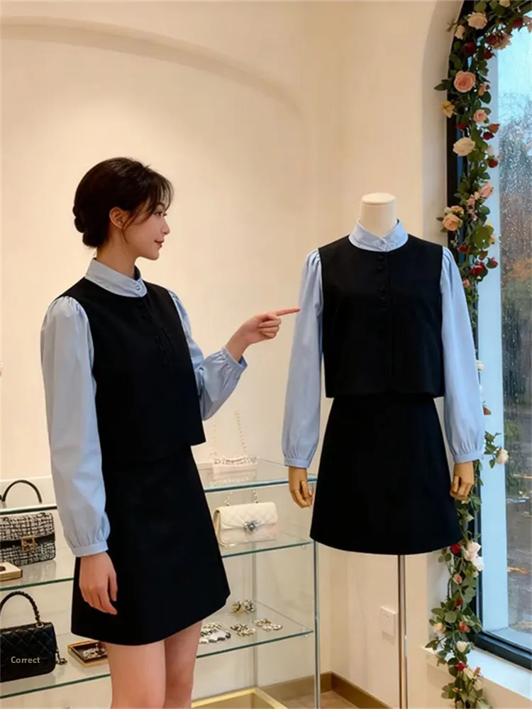 

Elegant College Style Fake Two-Piece Set Women's Shirt Age-Defying Fashionable Skirt Whole Set New Trendy Versatile Half Skirt