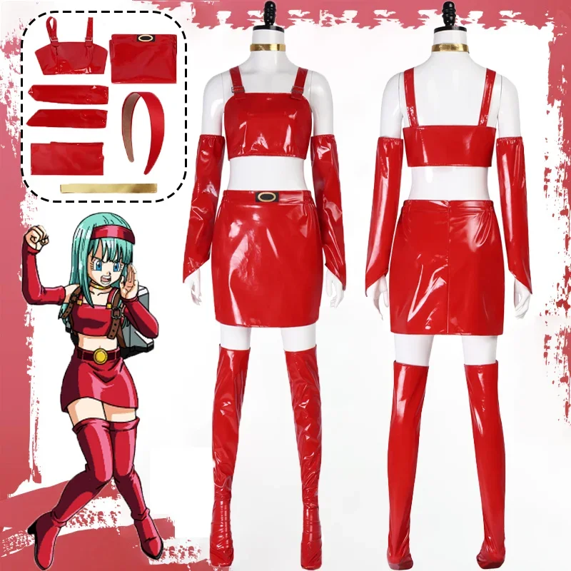 

CosplayBulma Cosplay Costume Sexy Red Uniform Suit Vest Skirt Headband Full Set Leather Suit Halloween Carnival Party Outfits fo