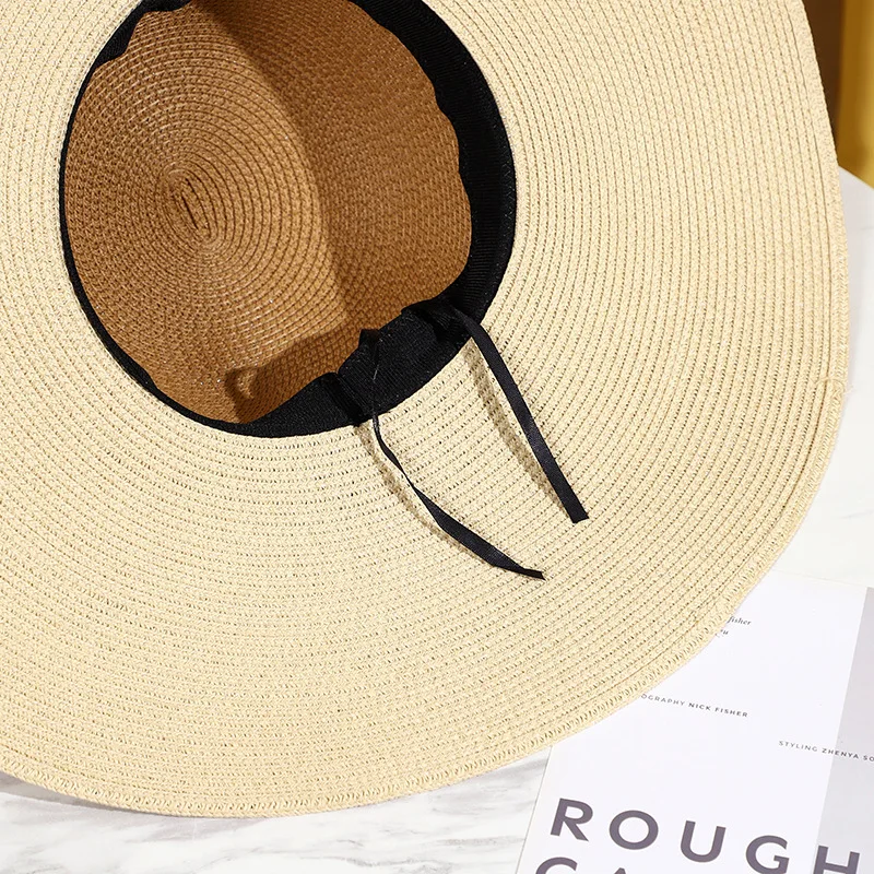 Two Tones Wide Brim Summer Hat for Women Big Brim Sun Hat Pearls Band Double Flower Summer Hat Ladies Holiday Floppy Beach Hat