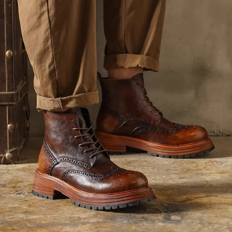 Men's Genuine Leather Chelsae Boots Carving Brogue Shoes Hollow Out British High-top Mid-calf Thick Heel Western Riding Boots