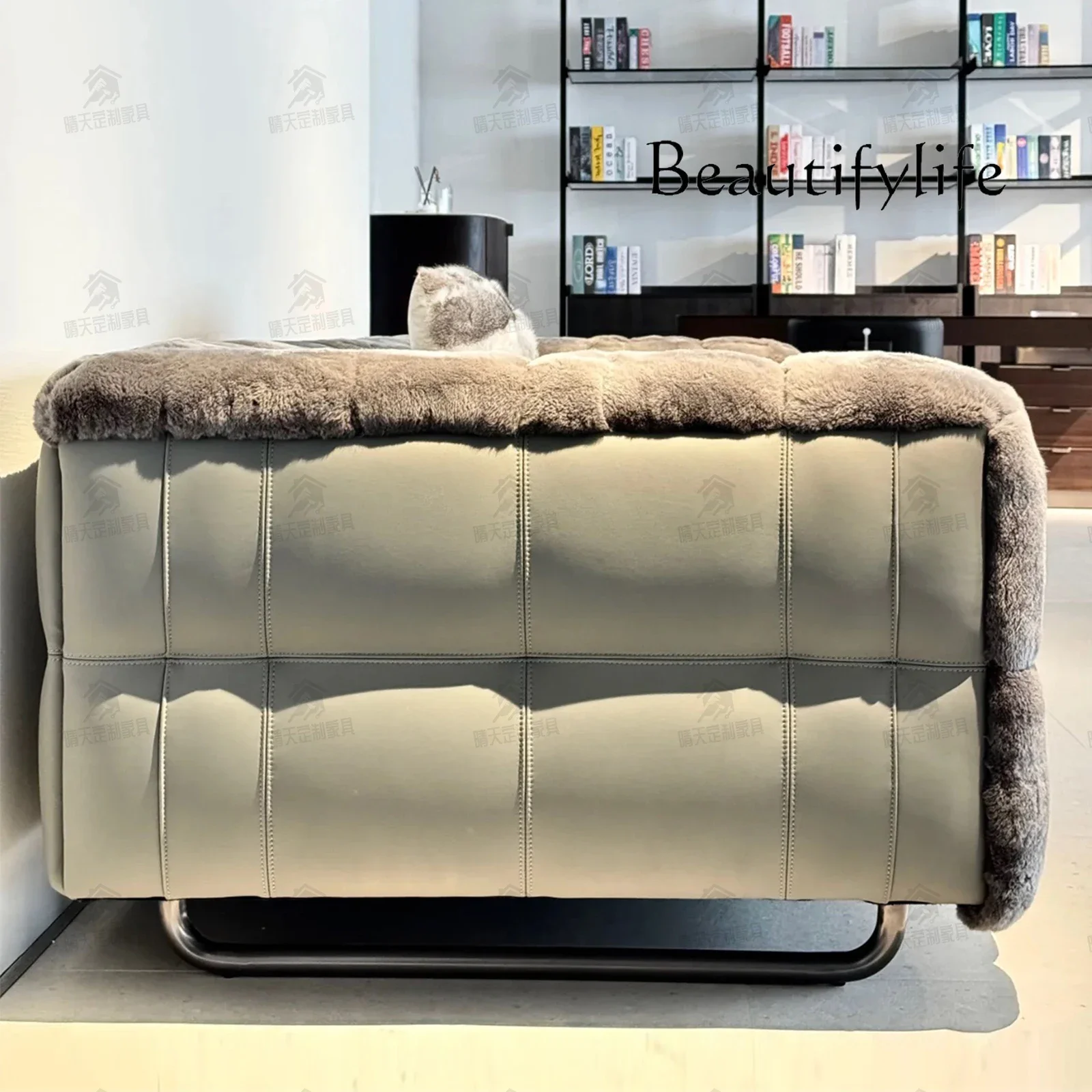 

S Italian Minimalist Light Luxury Full Leather Sofa Living Room Combination Straight Row Villa Large Flat Floor Designer