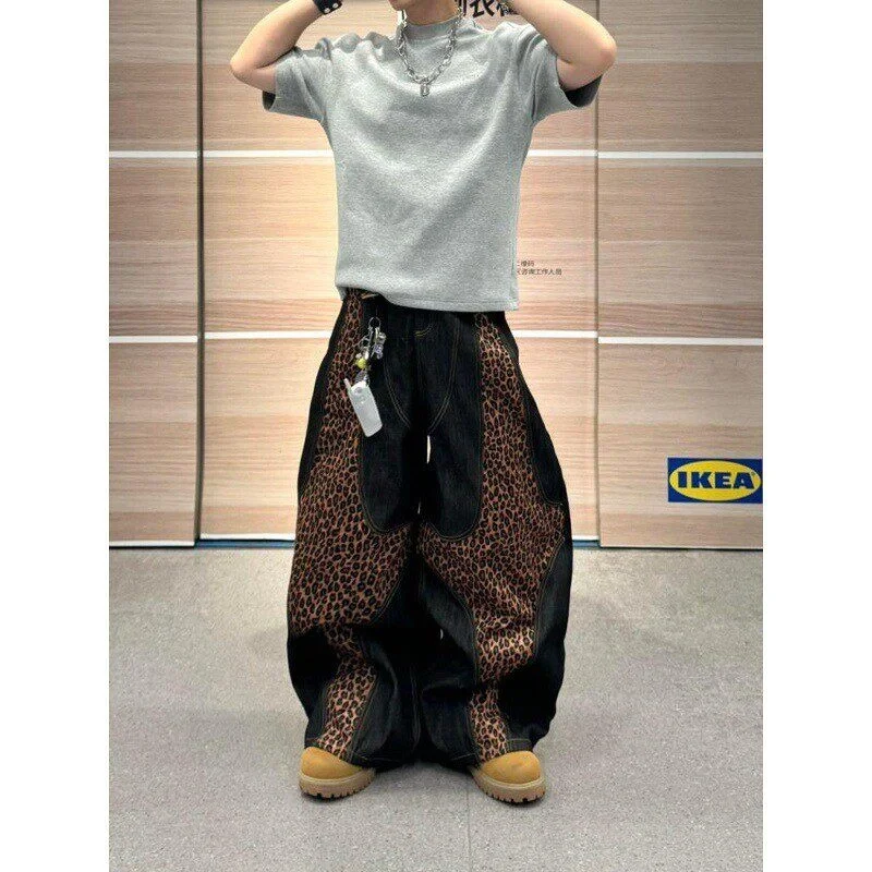 

Retro American Patchwork Leopard Print Men's Jeans Punk Loose Straight Leg Casual Trousers Vintage Style mid Waist Washed